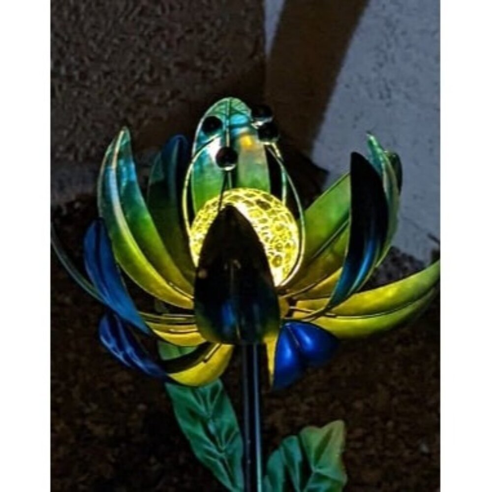 New Solar Garden Lights Metal Flower Decor, Colorful Spinning Windmill Lotus